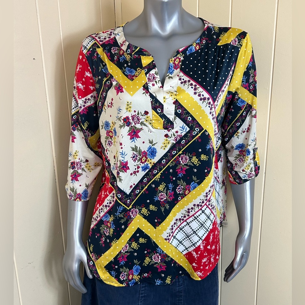 Dept 222 Quilt Print Tunic Blouse Womens Size XL Multicolor 3/4 Sleeve